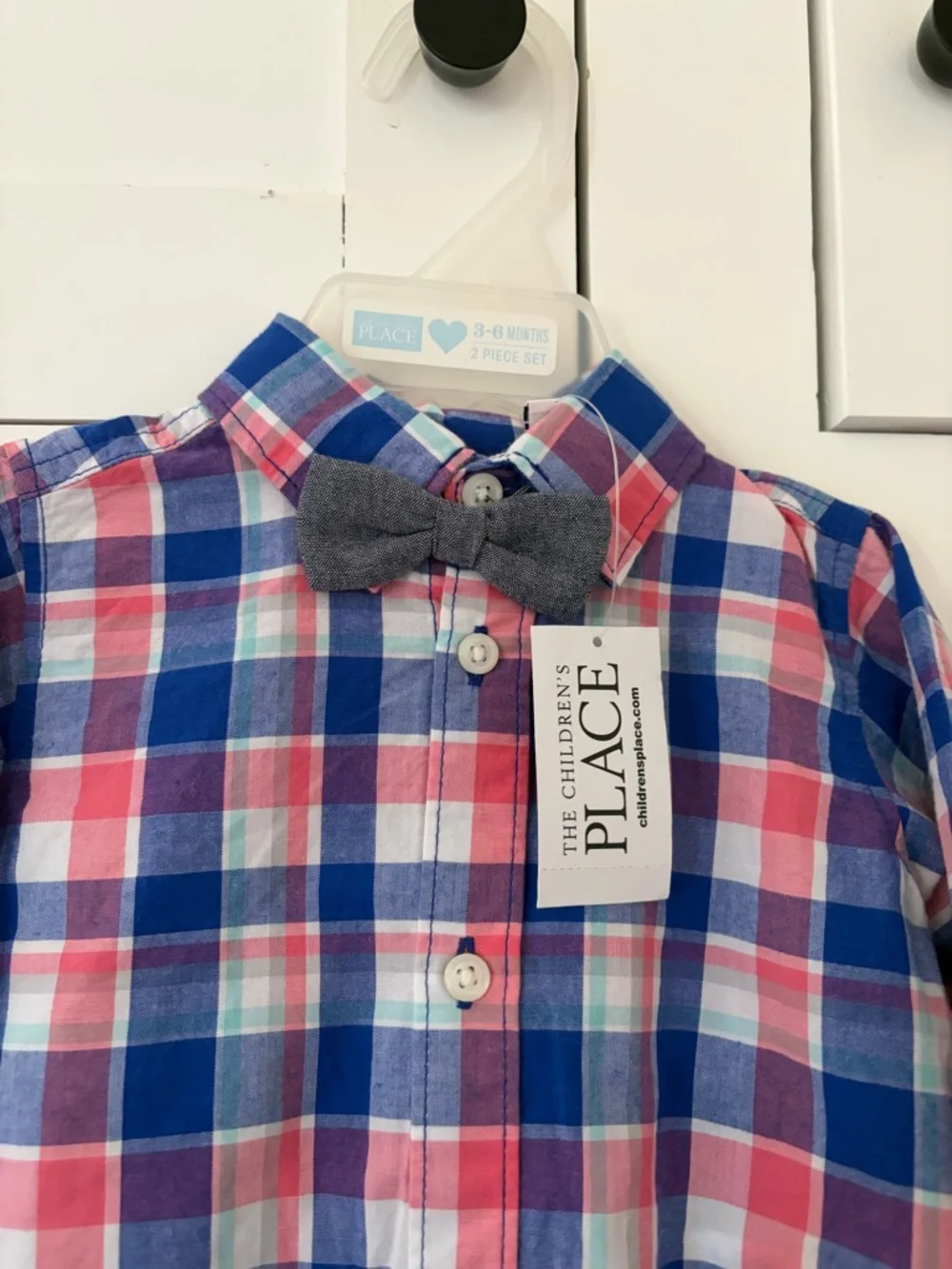 The Children's Place Pink & Blue Plaid Button-Front Baby Bodysuit with Bow 3-6M